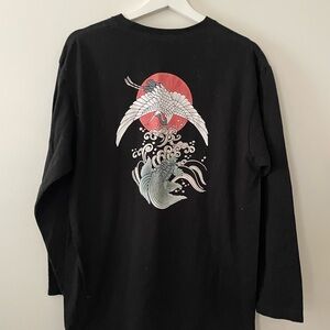 Black Long Sleeve Shirt with Crane and Wave Design